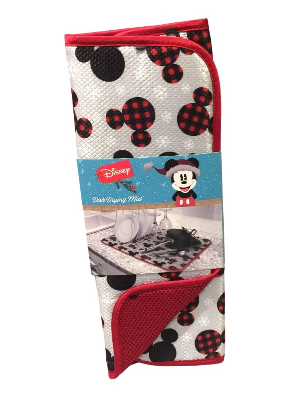 Disney Mickey Mouse Buffalo Plaid Gray Shiny Snowflake Background Dish Drying Ma